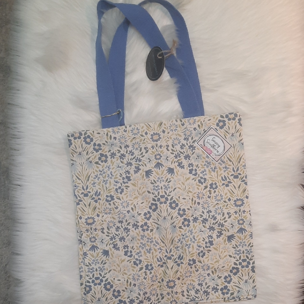 Blue and Cream Floral Tote Bag - Large Canvas Tote